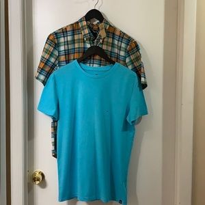 AE plaid button down shirt and AE t-shirt